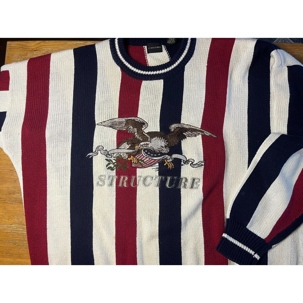 Vintage 90s Structure Spellout Sweater XL Y2K Patriotic Stripes Bald Eagle